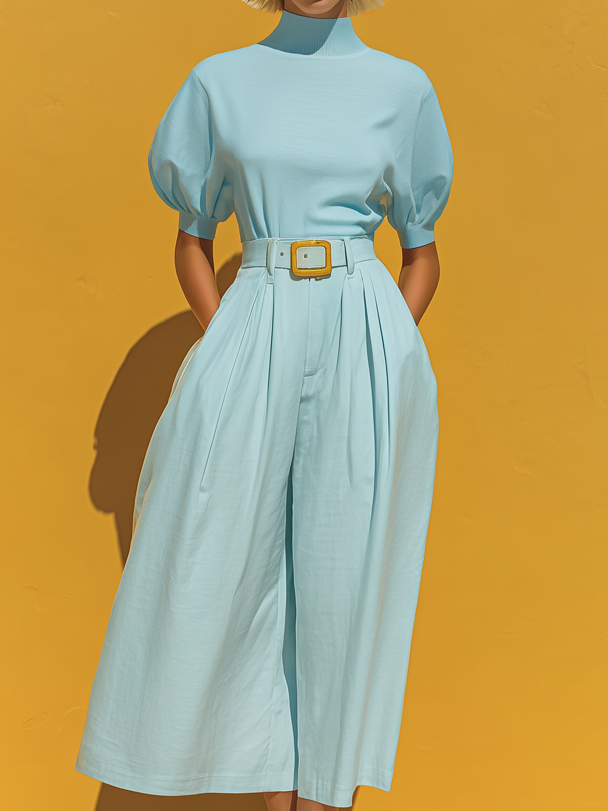 Chic Vintage Baby Blue Round-Neck Stand Neck Short-Sleeve Puff Sleeve Loose Knit Tops Belt Wide-Leg Pants Cotton Blend Two-Piece Set