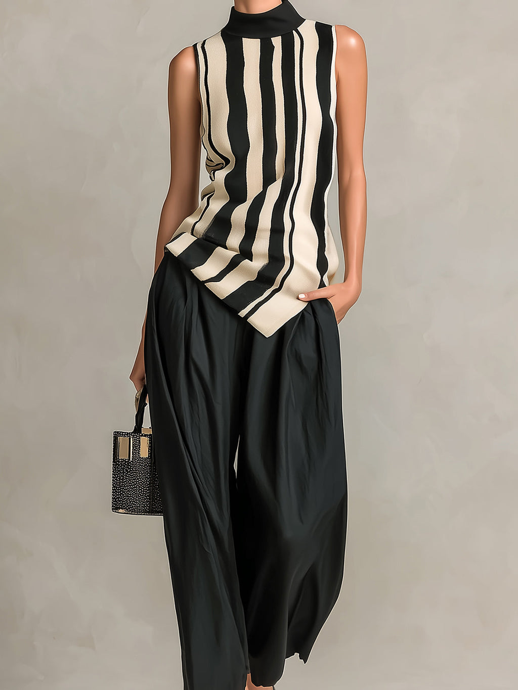 Chic Elegant Black-Beige Stripes Mock-Neck Sleeveless Knit Vest Top Black Cotton Blend Wide-Leg Cropped Pants Two-Piece Set