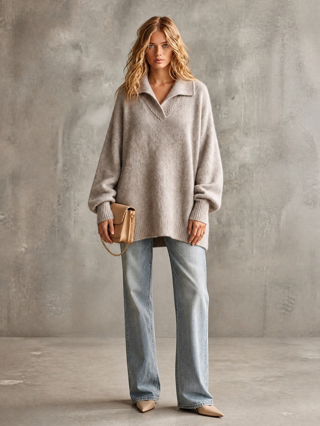 Chic Elegant Beige Gray Lapel V-Neck Dropped-Shoulder Long-Lantern-Sleeve Oversized Wool Blend Knit Sweater