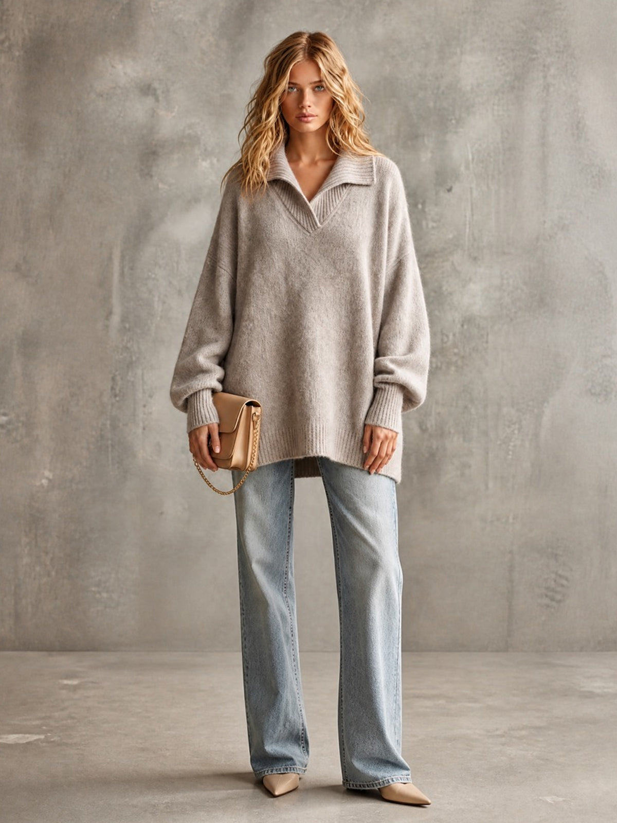 Chic Elegant Beige Gray Lapel V-Neck Dropped-Shoulder Long-Lantern-Sleeve Oversized Wool Blend Knit Sweater