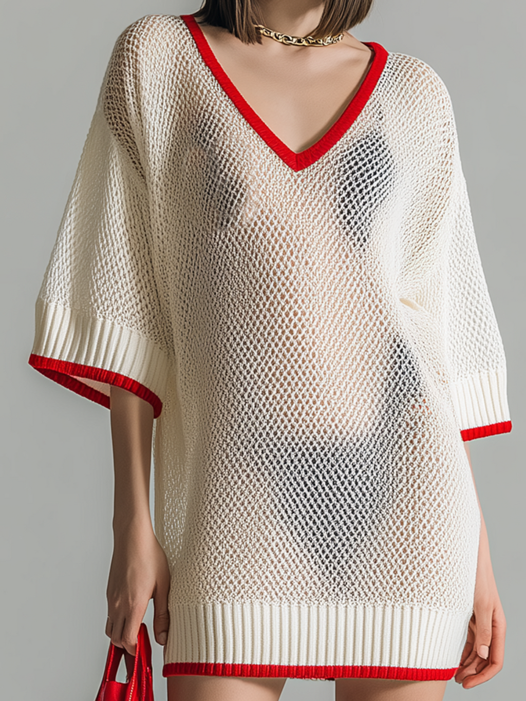 Chic Elegant Off-White Colorblock V-Neck Half -Sleeves Loose-Fit Mesh Knit Mini Dress