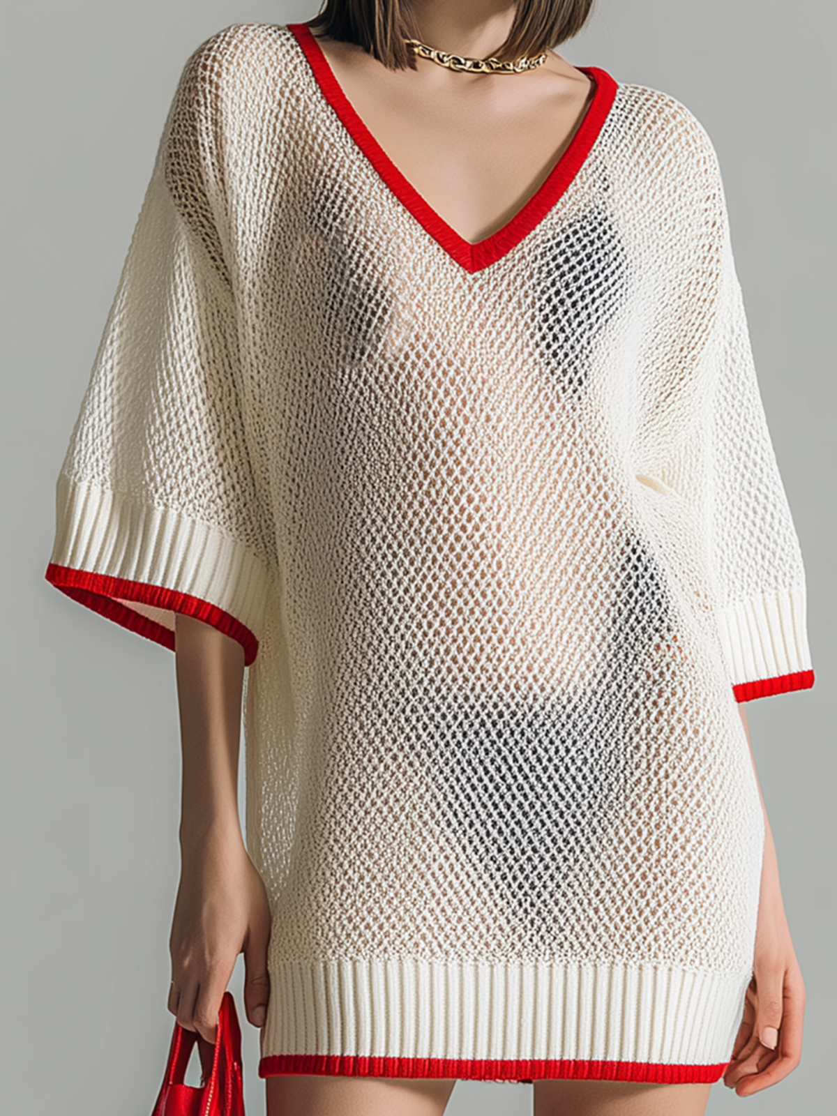 Chic Elegant Off-White Colorblock V-Neck Half -Sleeves Loose-Fit Mesh Knit Mini Dress