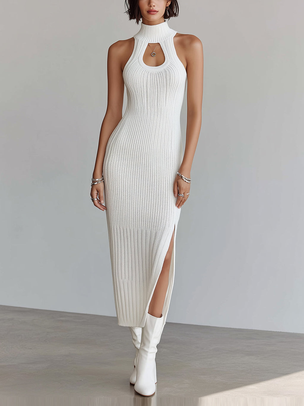 Chic Elegant Cream White Mock Neck Cutout Details Sleeveless Slim-Fit Ribbed Knit Bodycon Midi Dress
