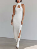 Chic Elegant Cream White Mock Neck Cutout Details Sleeveless Slim-Fit Ribbed Knit Bodycon Midi Dress