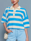 Chic Casual Blue White Stripes Button-Up Lapel Collar Short-Sleeve Loose-Fit Knit Cropped Sweater Top