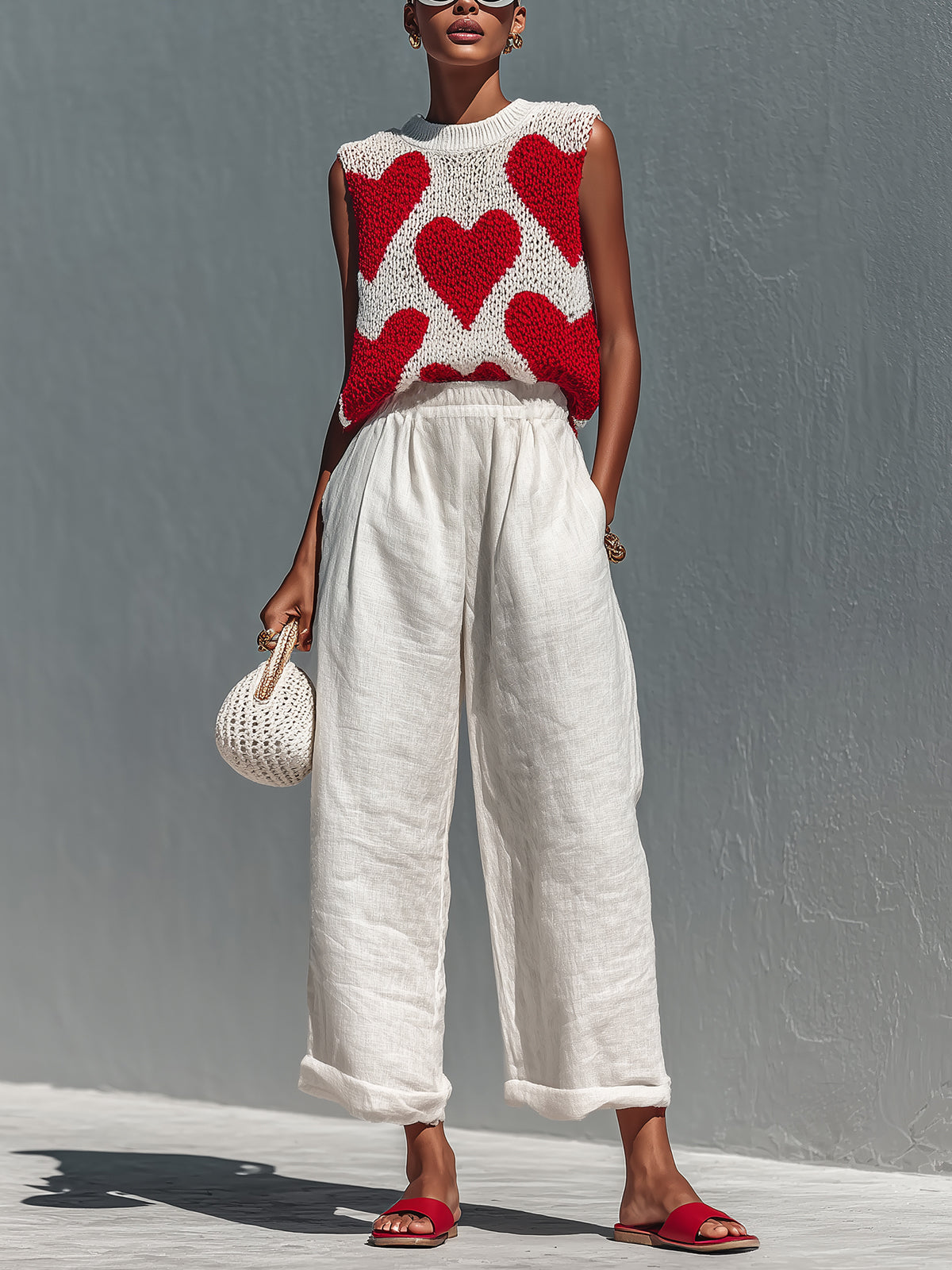 Chic Elegant Red-White Heart Jacquard Round-Neck Loose-Fit Knit Vest Top White Linen Wide-Leg Pants Two-Piece Set