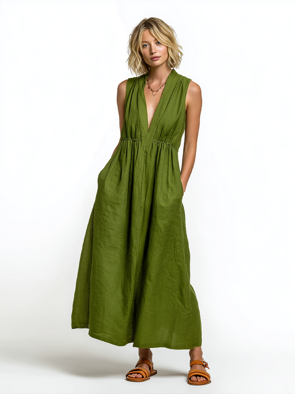 Chic Elegant Green V-Neck Sleeveless Slim-Fit A-Line Zipper Cotton-linen Blend Maxi Dress