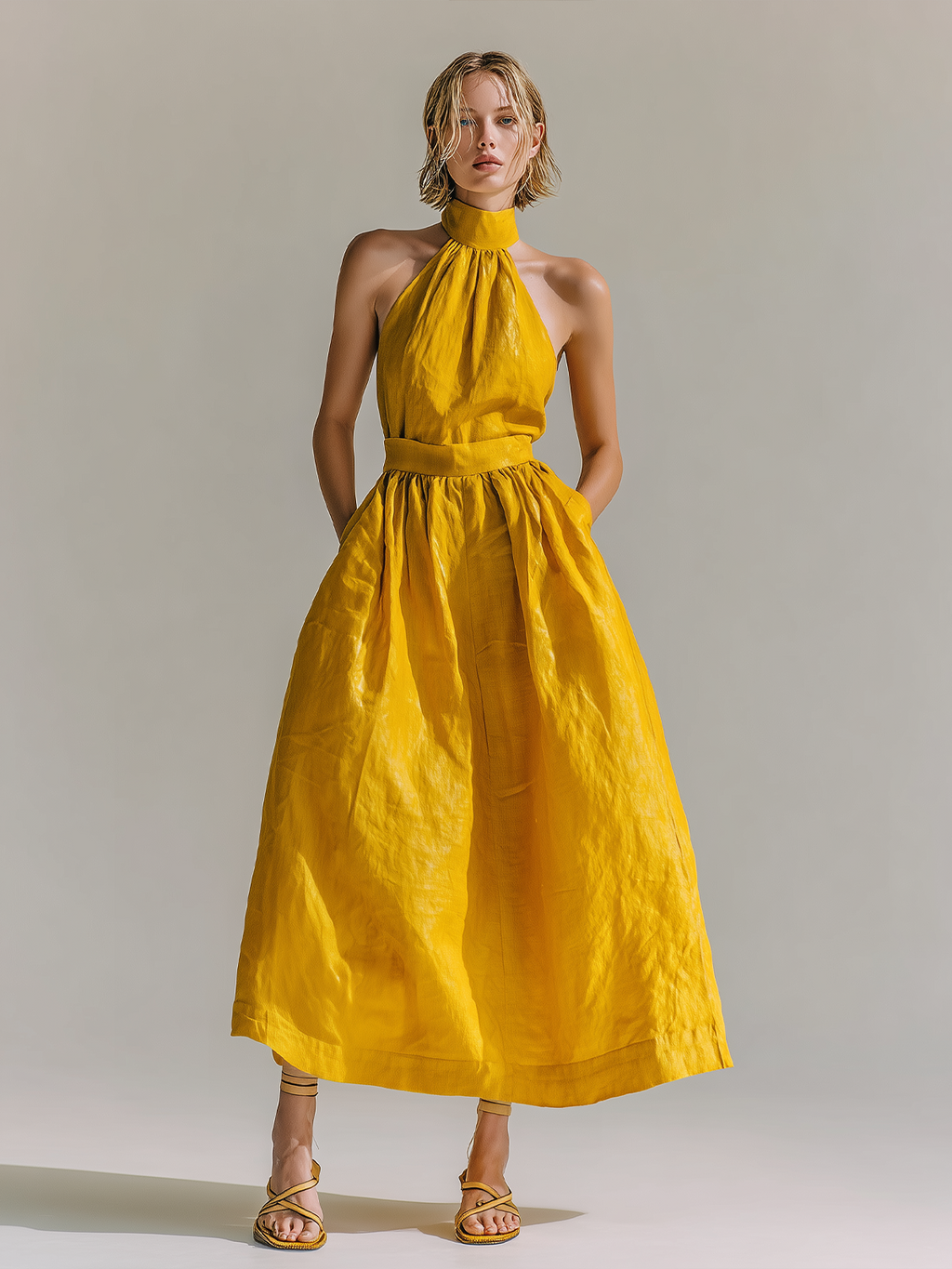 Chic Elegant Yellow Halter  Sleeveless Loose A-Line Cotton-linen Blend Maxi Dress