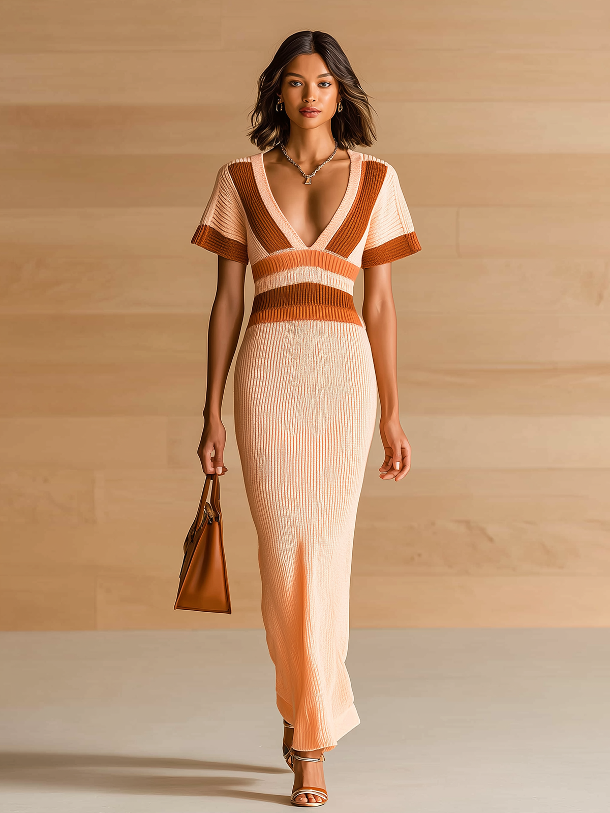 Stylish Elegant Peach Colorblock V-Neck Short-Sleeve Slim-Fit Ribbed Knit Maxi Dress