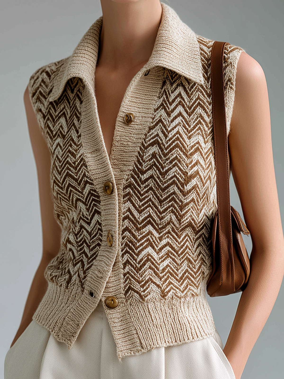 Fashion Casual Beige Lapel Herringbone Jacquard Button-Up Loose Sleeveless Cardigan Knit Vest