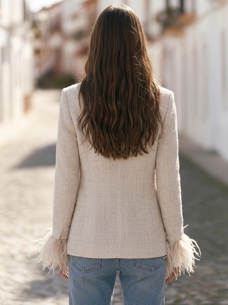 Old Money Oat Tweed Detachable Feather Cuff Blazer