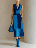 Chic Elegant Blue Colorblock V-Neck Sleeveless Tailored Waist Loose-Fit Knit Midi Dress