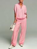 Fashion Casual Pink Stand-Collar Zip-Up Short-Sleeve Loose Sweater Wide-Leg Pants Knit Two-Piece Set