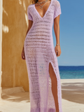 Chic Elegant Light-Purple V-Neck Short-Sleeve Lace Patch Slim-Fit Side-Slit Mesh-Knit Maxi Dress