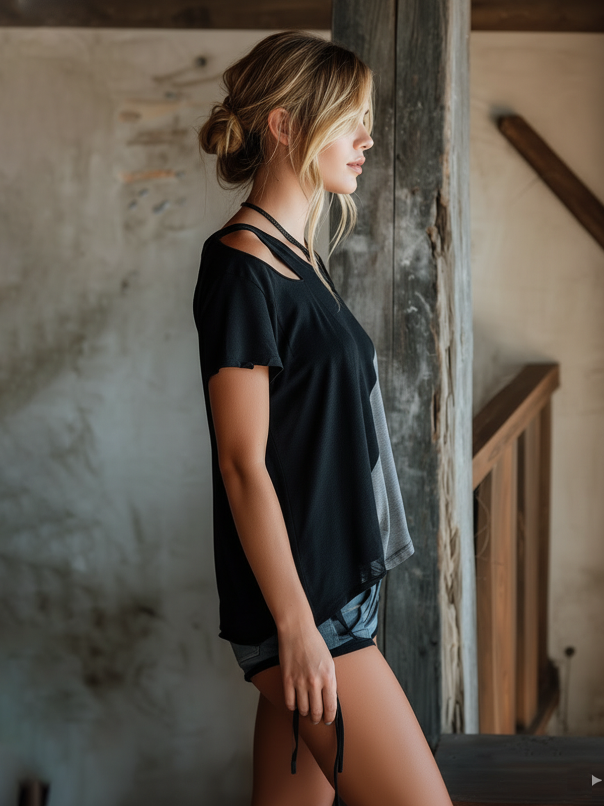 Chic Casual Black-Gray Colorblock Round-Neck Cutout Shoulder Short-Sleeve Oversize Stretchy Cotton Fabric T-Shirt Top