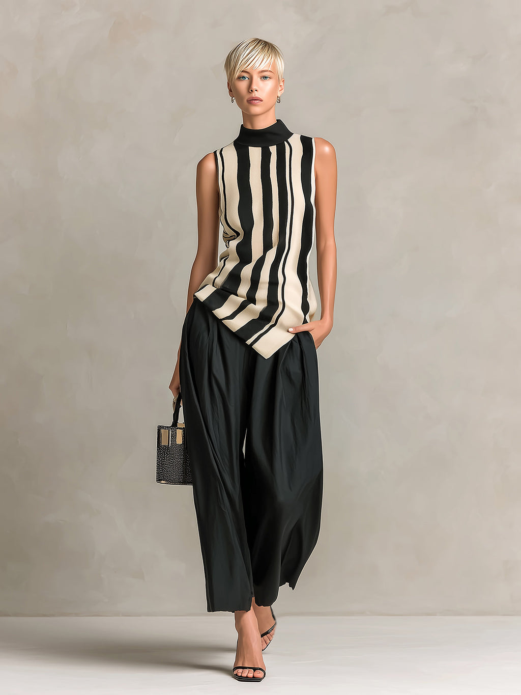 Chic Elegant Black-Beige Stripes Mock-Neck Sleeveless Knit Vest Top Black Cotton Blend Wide-Leg Cropped Pants Two-Piece Set