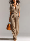 Chic Elegant Camel Button-Up Lapel Collar Short-Sleeve Elastic Waist Loose-Fit Wide-Leg Knit Jumpsuit