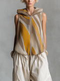 Chic Elegant Brown-Yellow Colorblock Jacquard Hood Sleeveless Zipper-Placket Loose-Fit Knit Vest Top