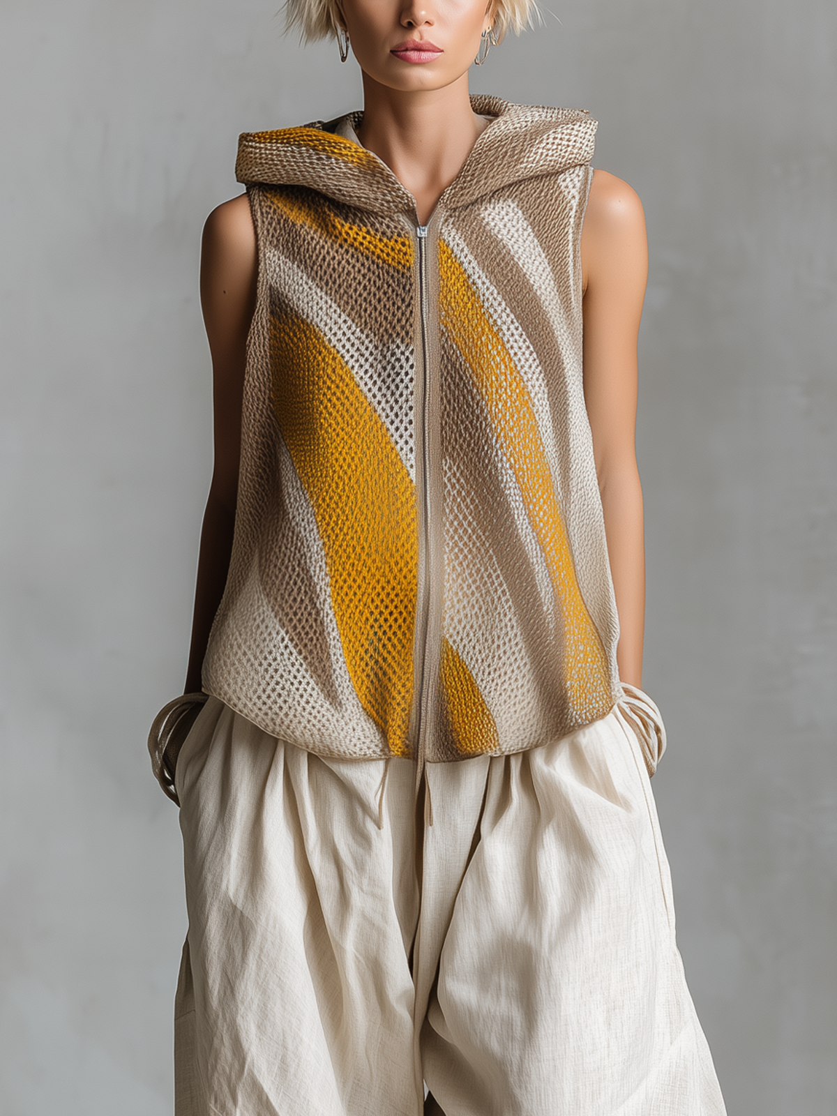 Chic Elegant Brown-Yellow Colorblock Jacquard Hood Sleeveless Zipper-Placket Loose-Fit Knit Vest Top