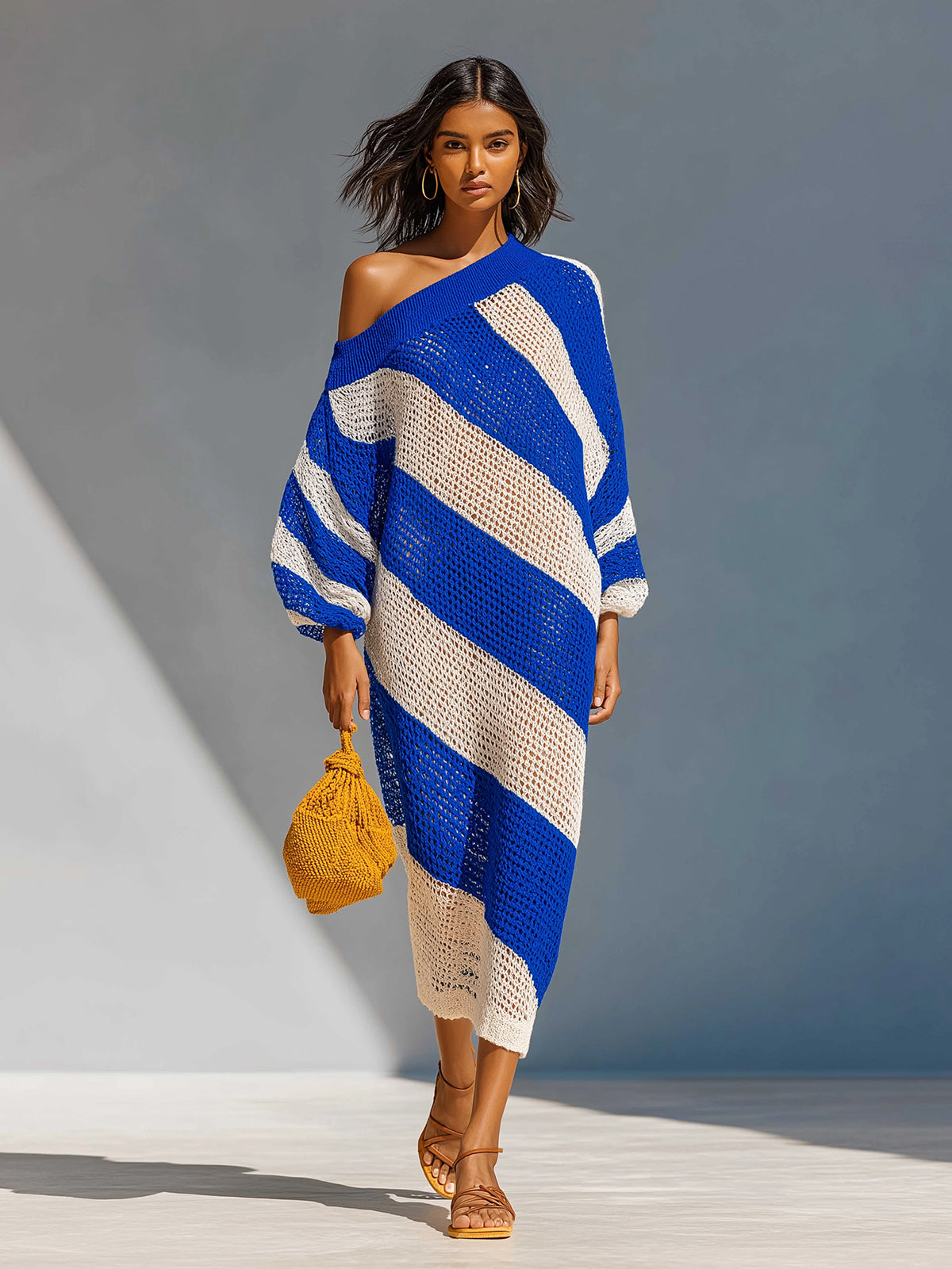 Chic Elegant Royal Blue-White Stripes One-Shoulder Long Lantern Sleeve Loose-Fit Knit Maxi Dress