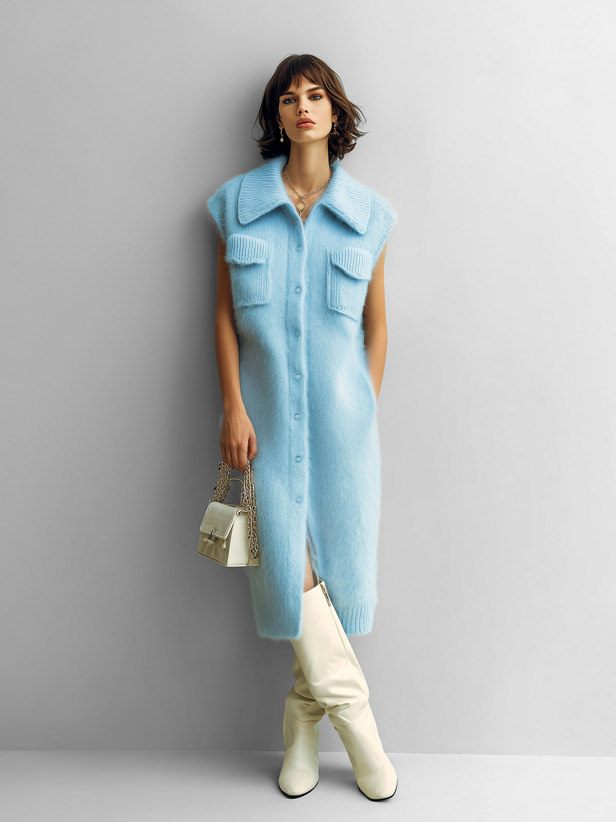 Chic Vintage Blue Lapel Single-Breasted Sleeveless Oversize Multi-Pocket Details Fuzzy Knit Midi Dress