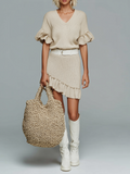 Fashion Elegant Beige V-Neck Short-Sleeve Ruffle Waistband Loose Knit Mini Dress