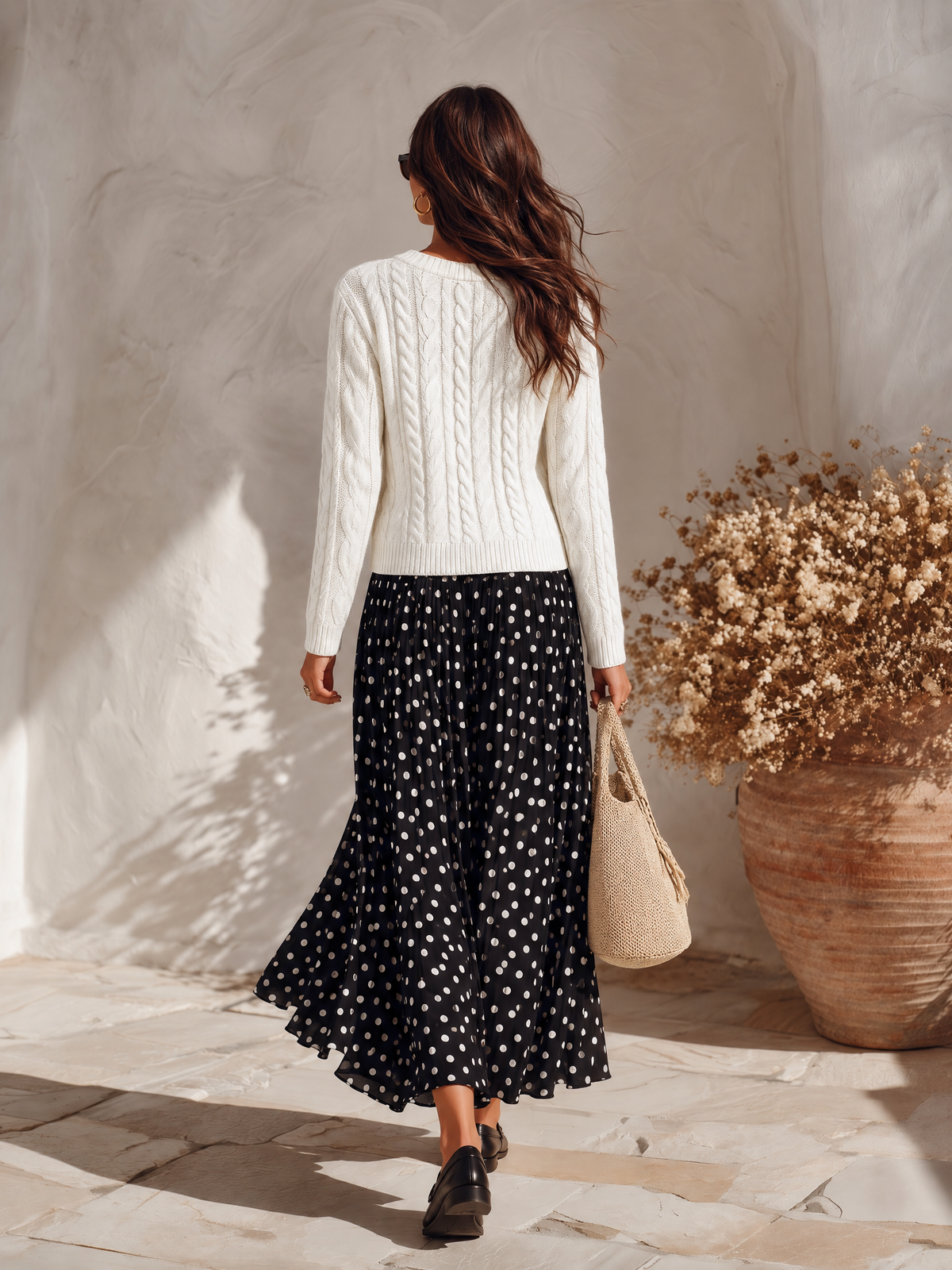 Vacation-style V-neck Long-sleeve Knit Cardigan And Polka-dot Skirt Set