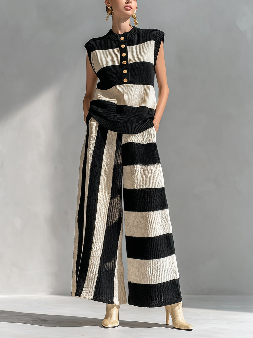 Chic Elegant Black-Beige Stripes Round-Neck Sleeveless Oversize Vest Loose-Fit Wide-Leg Pants Ribbed Knit Two-Piece Set