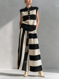 Chic Elegant Black-Beige Stripes Round-Neck Sleeveless Oversize Vest Loose-Fit Wide-Leg Pants Ribbed Knit Two-Piece Set