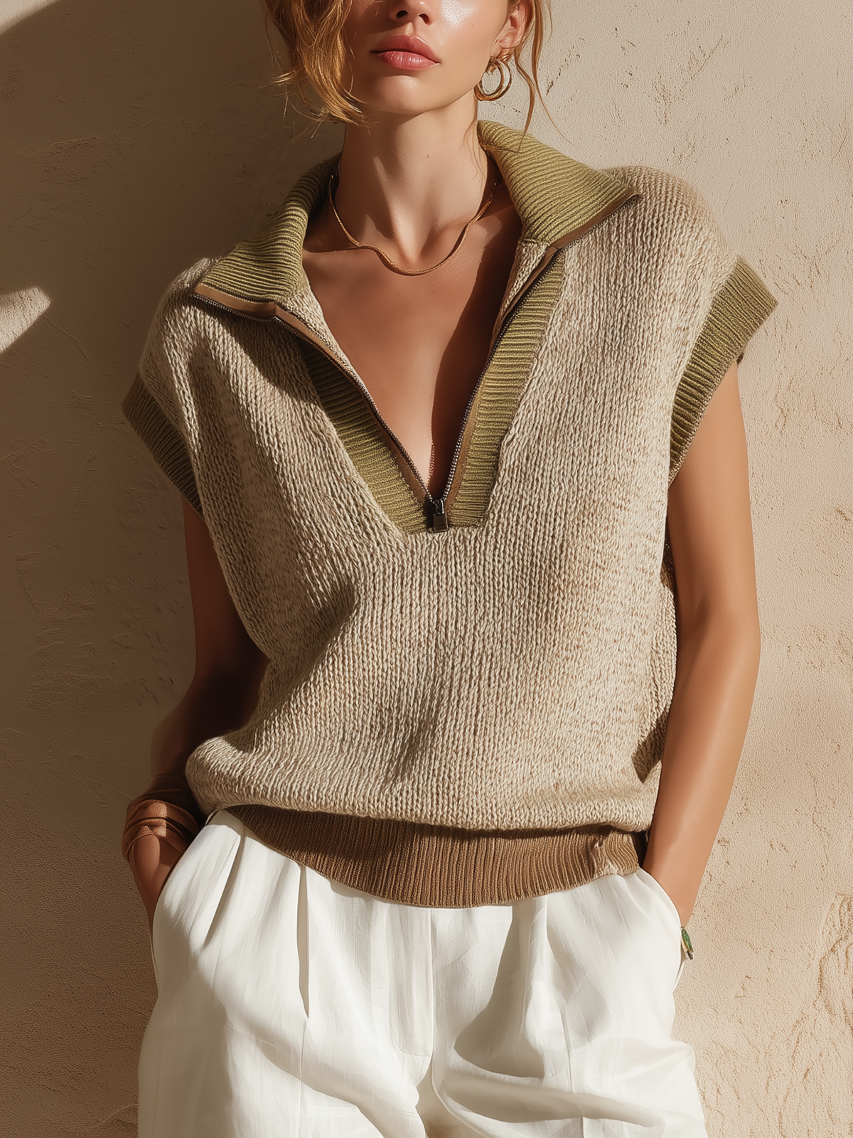 Chic Casual Camel Colorblock Lapel Collar Zipper-Front  Loose Sleeveless Knit Vest