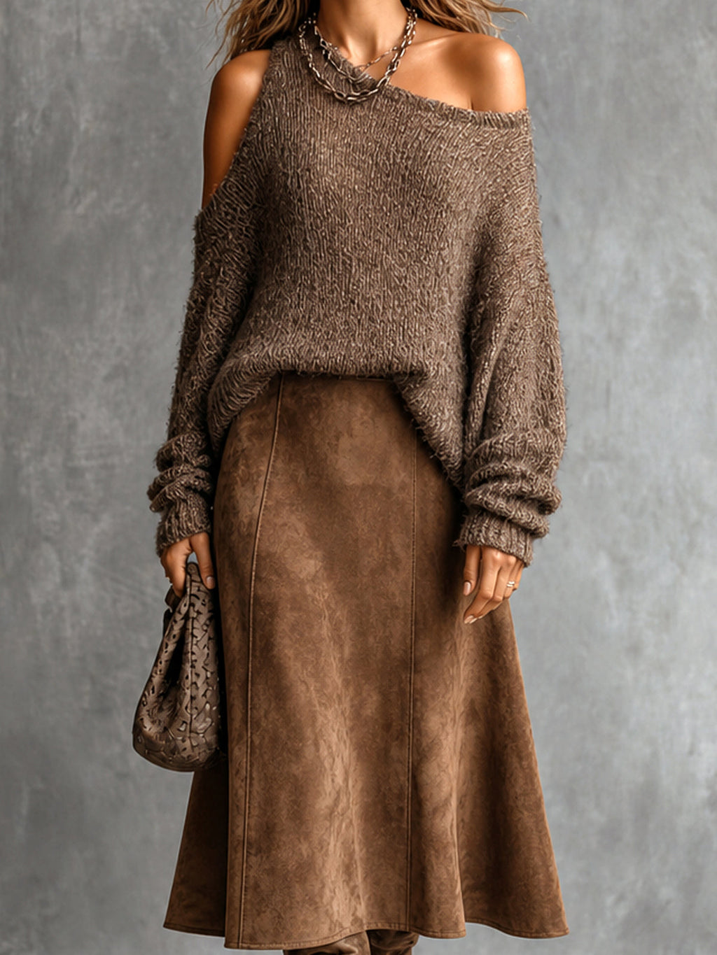 Chic Elegant Brown One-Shoulder Cutout Detail Long-Sleeve Loose-Fit Sweater Faux Suede A-Line Midi Skirt Two-Piece Set