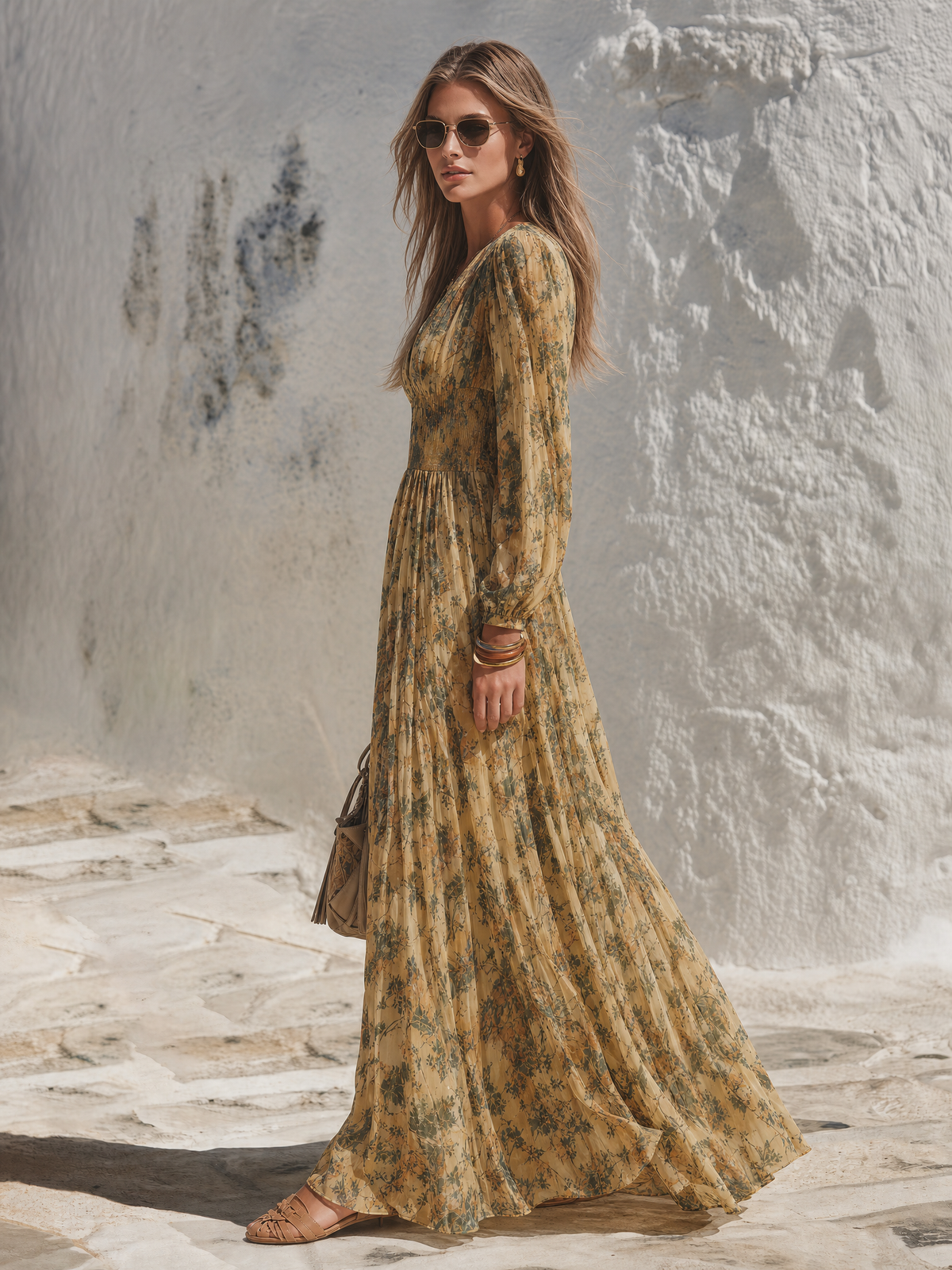 Resort-style V-neck Long-sleeved Abstract Print Maxi Dress