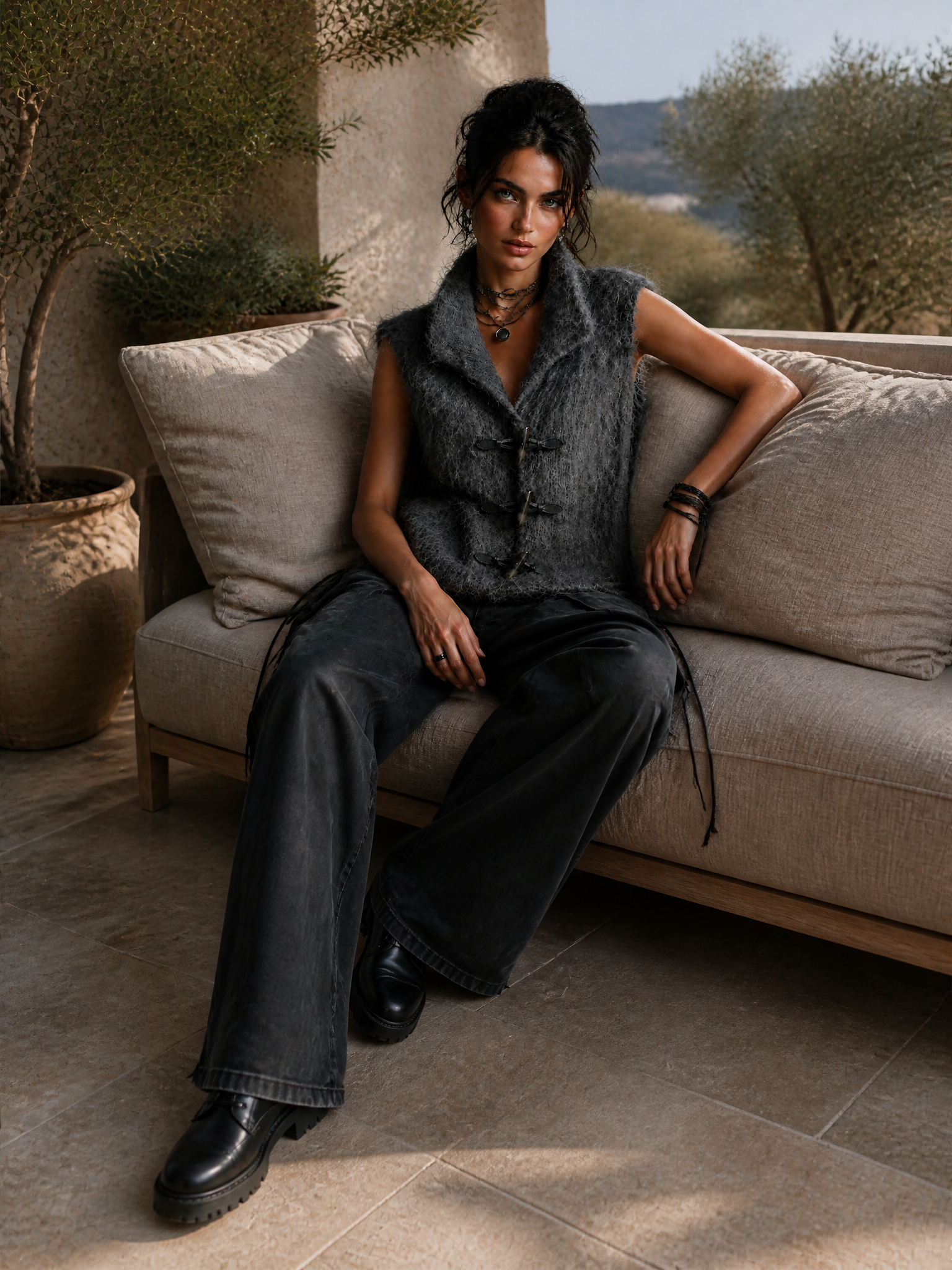 Chic Casual Dark Gray Lapel-Collar Sleeveless Horn Toggle Button Detail Loose-Fit Fuzzy Knit Vest Top