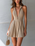 Chic Elegant Camel Zipper-Front Lapel Collar Sleeveless Tailored Waist Pleated A-Line Ribbed Knit Mini Dress