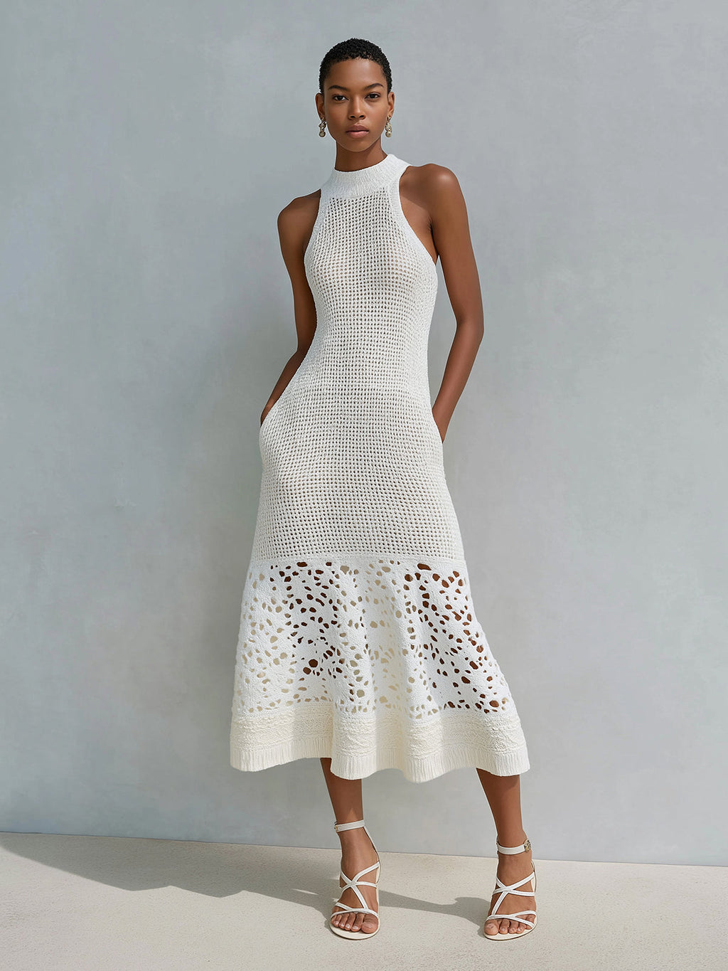 Chic Elegant Cream White Mock Neck Sleeveless Tailored Waist Lace Patchwork A-Line Mesh Knit Midi Dress