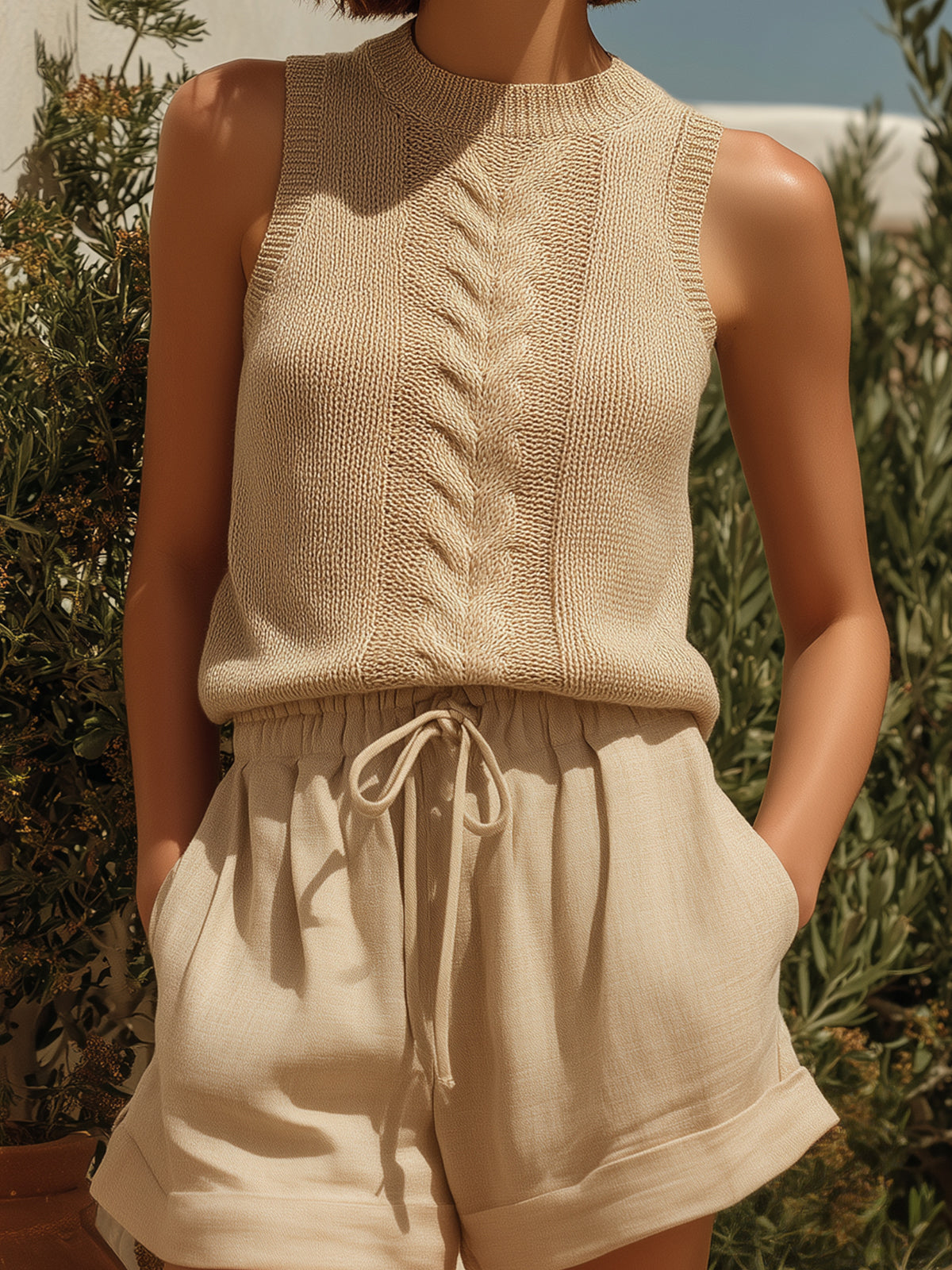 Chic Elegant Camel Round-Neck Loose-Fit Cable-Knit Vest Top  Cotton-Linen Blend Shorts Two-Piece Set