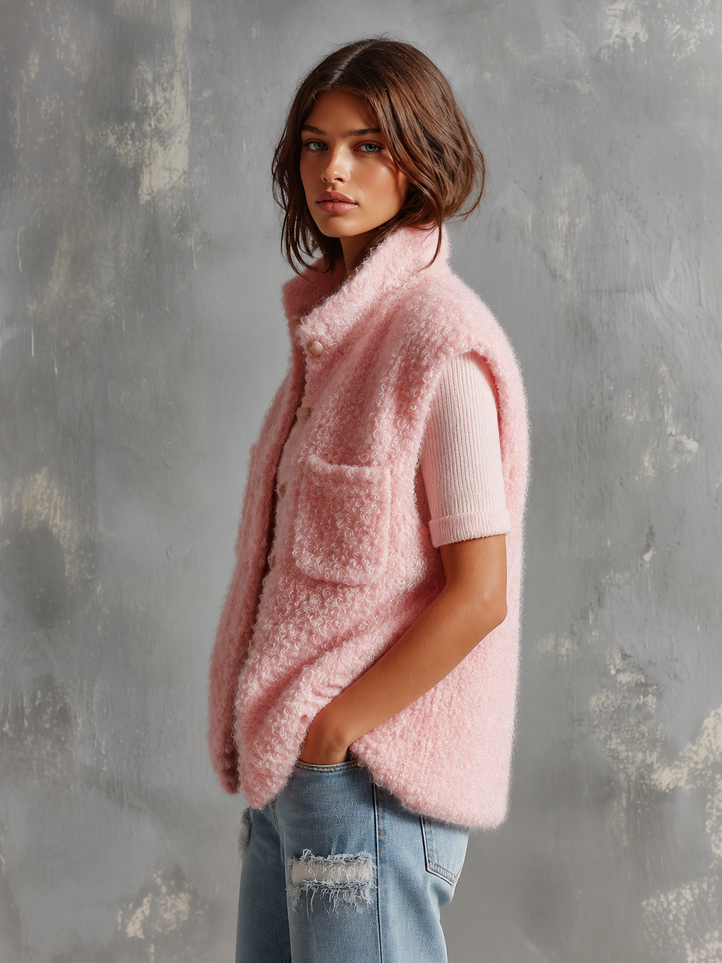 Chic Casual Pink Stand Collar Single-Breasted Patch Pocket Sleeveless Loose-Fit Fuzzy Curly Knit Vest Top