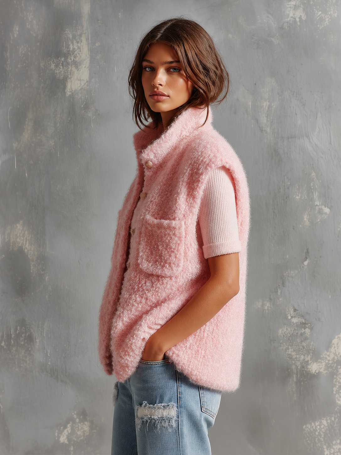 Chic Casual Pink Stand Collar Single-Breasted Patch Pocket Sleeveless Loose-Fit Fuzzy Curly Knit Vest Top