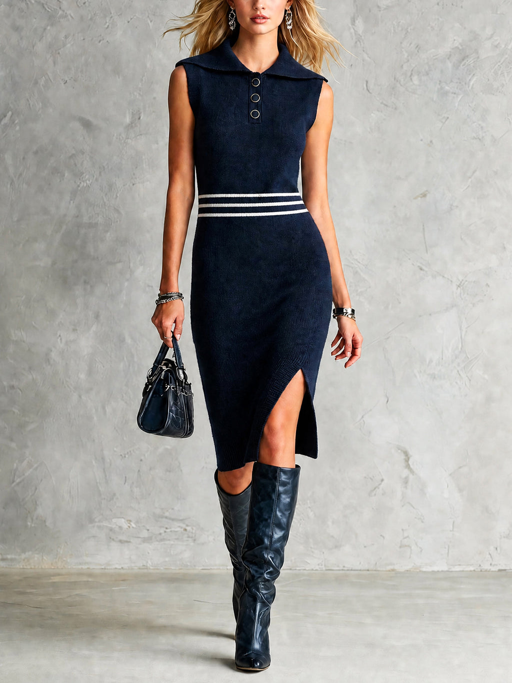 Chic Casual Navy Blue Sailor Collar Sleeveless White Stripes Detail Side-Slit Slim-Fit Soft Knit Midi Dress
