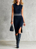 Chic Casual Navy Blue Sailor Collar Sleeveless White Stripes Detail Side-Slit Slim-Fit Soft Knit Midi Dress