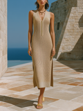 Stylish Elegant Light-Brown Sleeveless Zipper-Up V-Neck Slim-Fit Side Slit Ribbed Knit Midi Dress