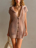 Chic Elegant Pink Hooded Single-Breasted Short-Sleeve Loose-Fit Hollow-Out Breathable Knit Mini Dress