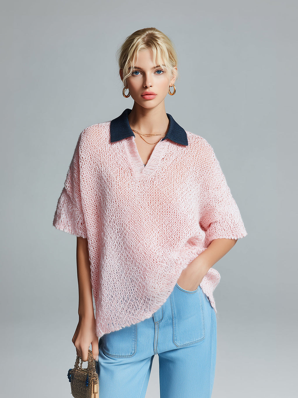 Chic Casual Pink Colorblock Lapel Collar Button-Up Short-Sleeve Loose-Fit Knit Sweater