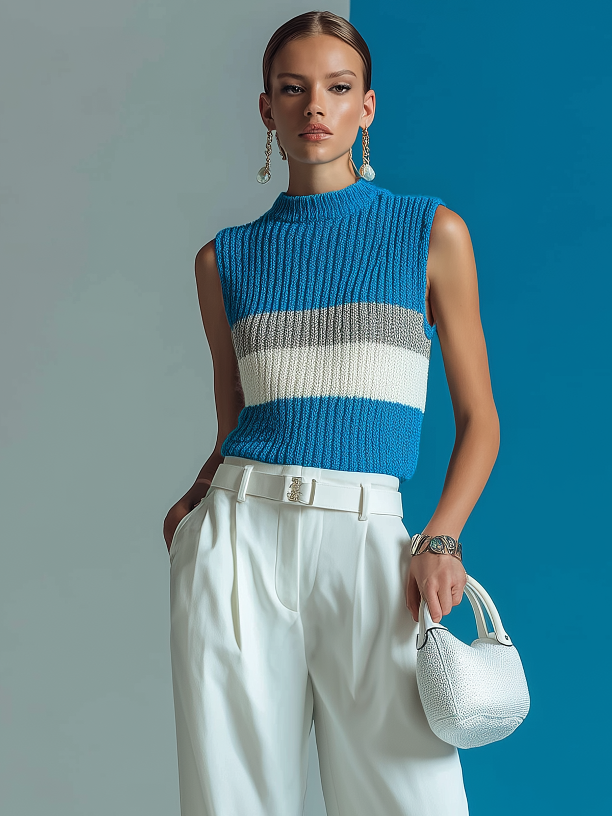Fashion Casual Blue High-Neck Striped Jacquard Loose Sleeveless Knit Vest