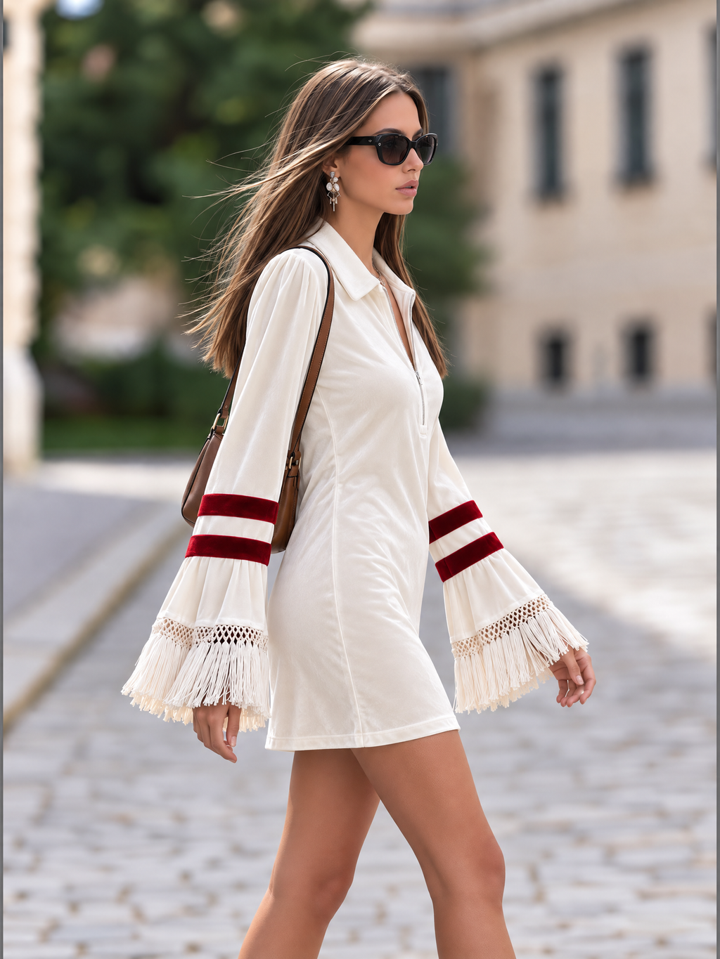 Resort-style Lapel Flared Long-sleeved Tassel Mini Dress
