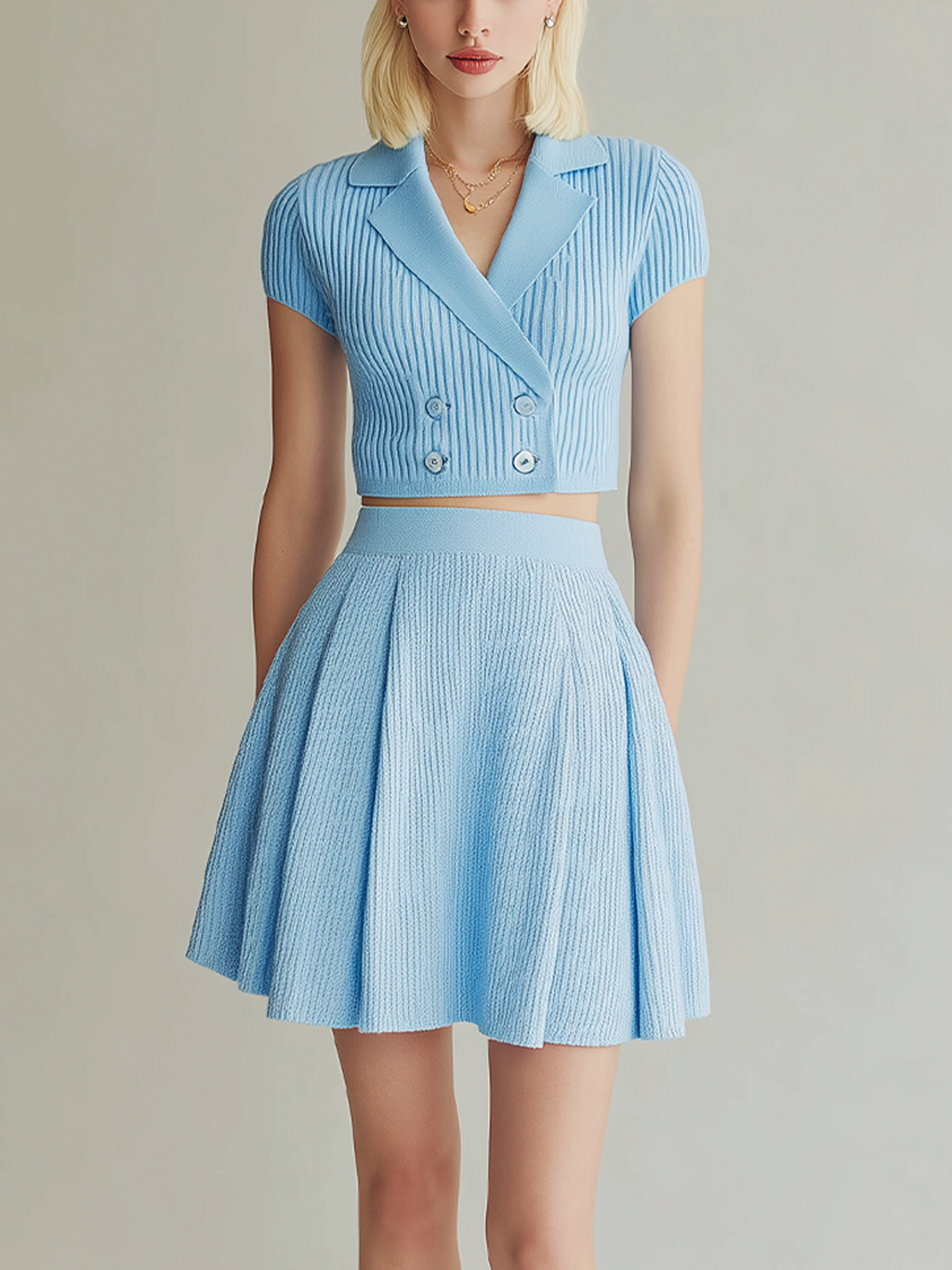 Chic Vintage Light Blue Notch Lapel Short Sleeve Button-Up Tops Elastic Waist Skirt Knit Two-Piece Set