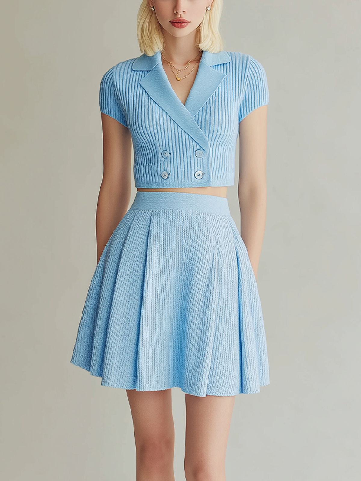 Chic Vintage Light Blue Notch Lapel Short Sleeve Button-Up Tops Elastic Waist Skirt Knit Two-Piece Set