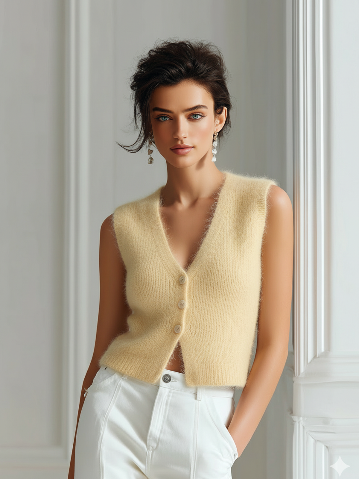 Chic Casual V-Neck Single-Breasted Sleeveless Fit Fuzzy Mohair Knit Vest