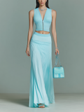 Chic Vintage Blue V-Neck Zipper-Front Sleeveless Sweater Top Pleated Maxi Skirt Knit Two-Piece Set