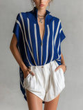 Chic Casual Royal Blue-White Striped Zipper-Up Stand Collar Loose-Fit Asymmetrical Hem Knit Vest Top